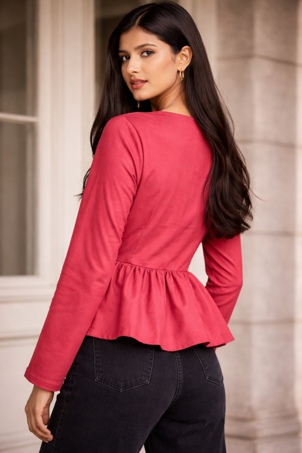 Peplum Top with Multicolor Jacquard Yoke
