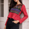 Peplum Top with Multicolor Jacquard Yoke