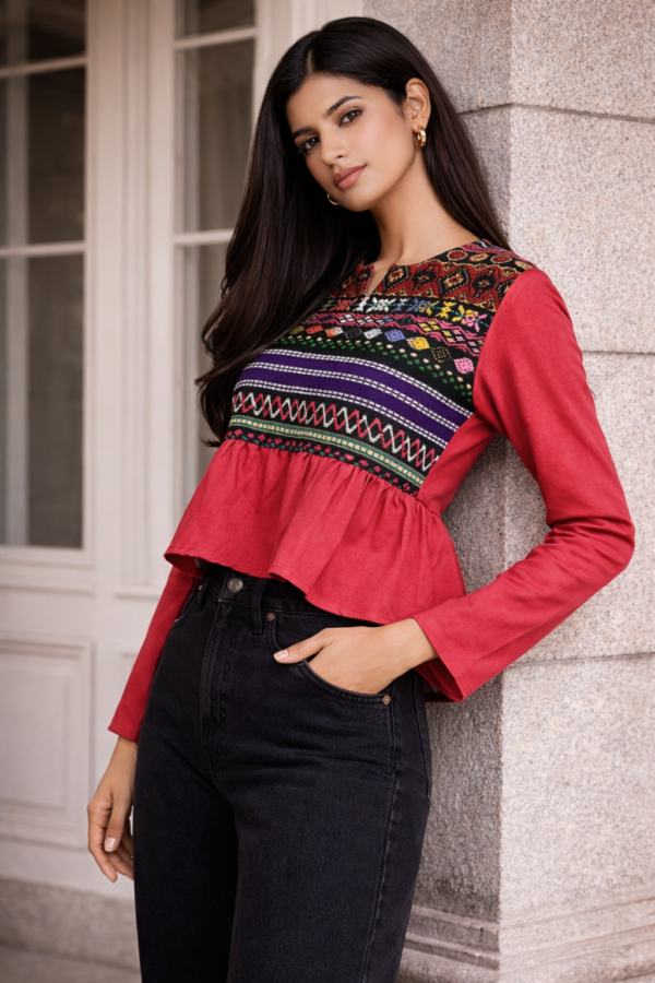 Peplum Top with Multicolor Jacquard Yoke