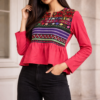 Peplum Top with Multicolor Jacquard Yoke