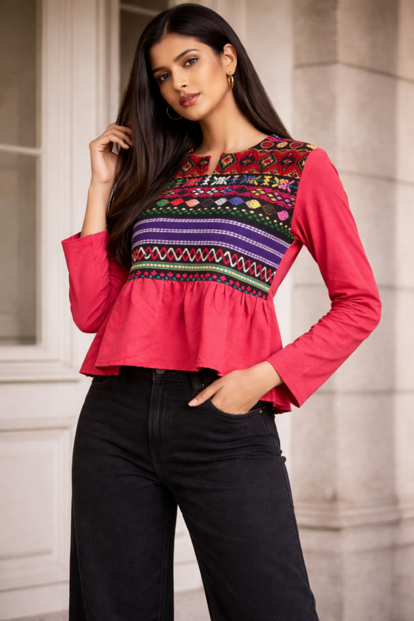 Peplum Top with Multicolor Jacquard Yoke