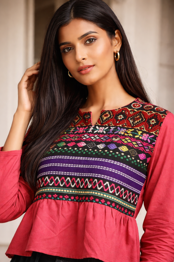 Peplum Top with Multicolor Jacquard Yoke