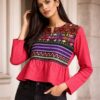 Peplum Top with Multicolor Jacquard Yoke