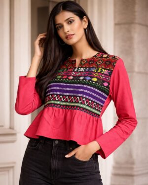 2026/03/1000319606.jpg Peplum Top with Multicolor Jacquard Yoke