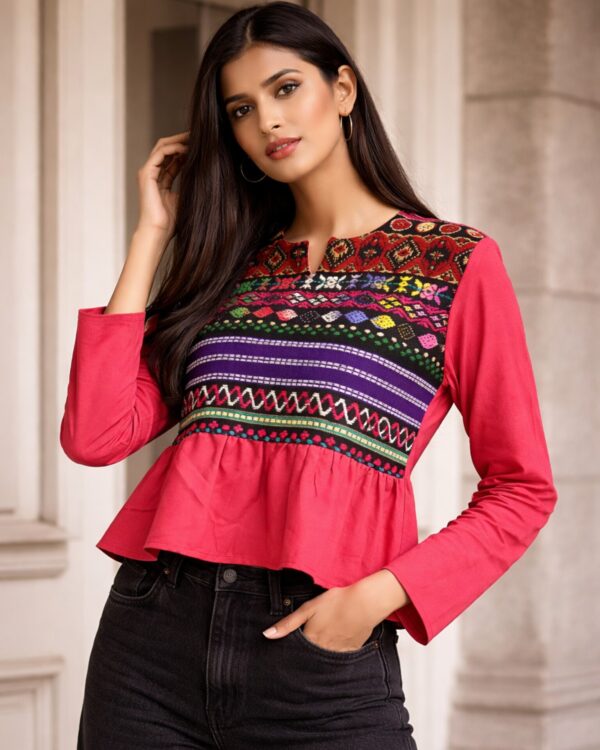 Peplum Top with Multicolor Jacquard Yoke