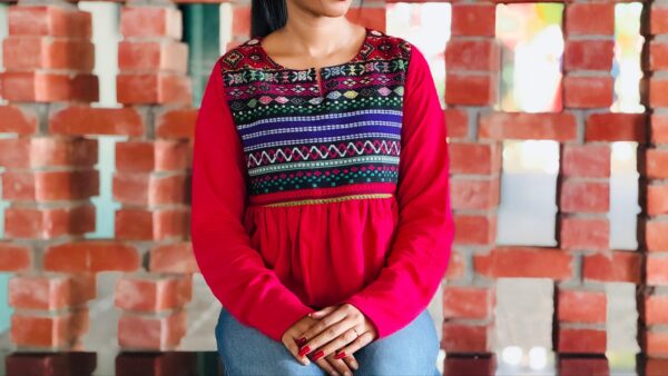 Peplum Top with Multicolor Jacquard Yoke