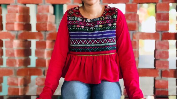 Peplum Top with Multicolor Jacquard Yoke