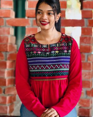 Peplum Top with Multicolor Jacquard Yoke